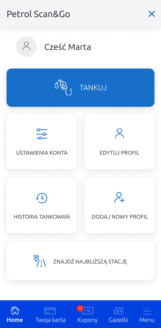 Ekran główny usługi Tank&Go